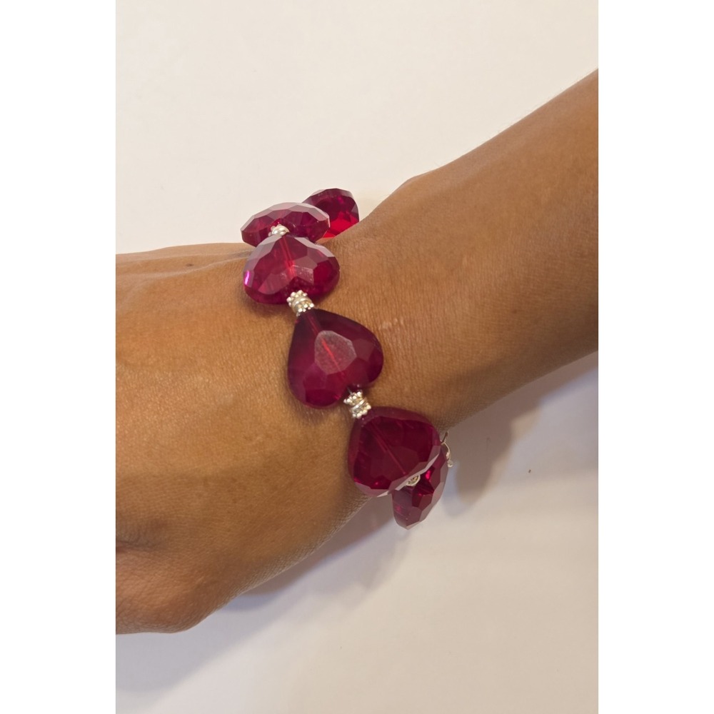 BEAUTIFUL STERLING SILVER & CHUNKY RED CRYSTAL HEARTS BRACELET 7.75"